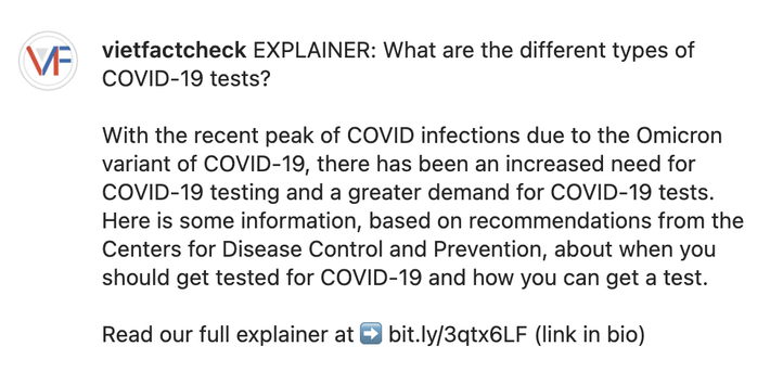 vietfactcheck EXPLAINER: What are the different types of COVID-19 tests?  With the recent peak of COVID infections due to the Omicron variant of COVID-19, there has been an increased need for COVID-19 testing and a greater demand for COVID-19 tests. Here is some information, based on recommendations from the Centers for Disease Control and Prevention, about when you should get tested for COVID-19 and how you can get a test.  Read our full explainer at ➡️ bit.ly/3qtx6LF (link in bio)